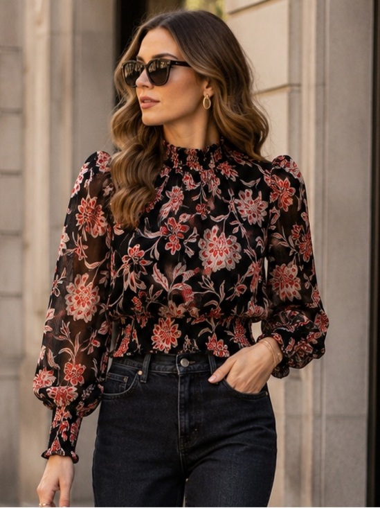 Ann Taylor Tops - Ann Taylor Floral Blouse S Sheer Puff Sleeve Mock Neck Black Red